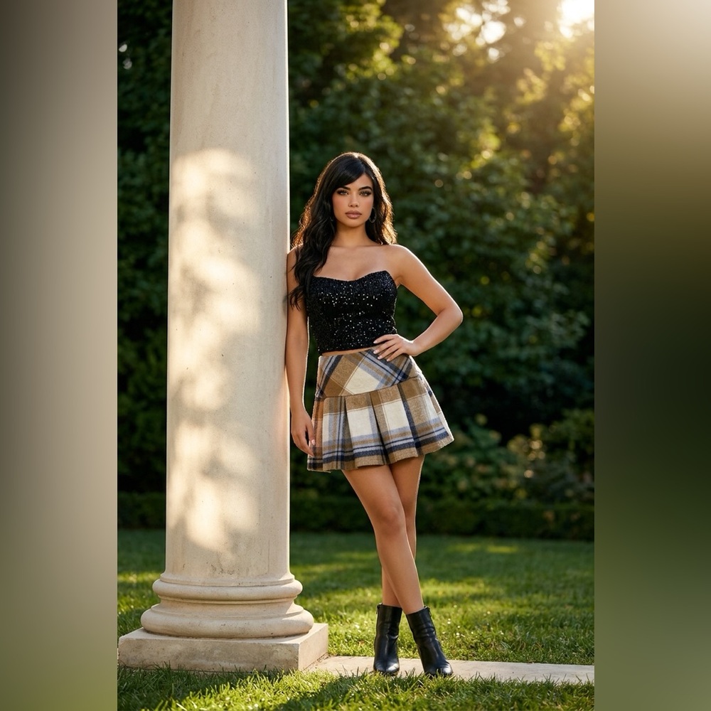 Francesca's Collections Plaid Skater Mini Skirt in Tan, Cream & Blue